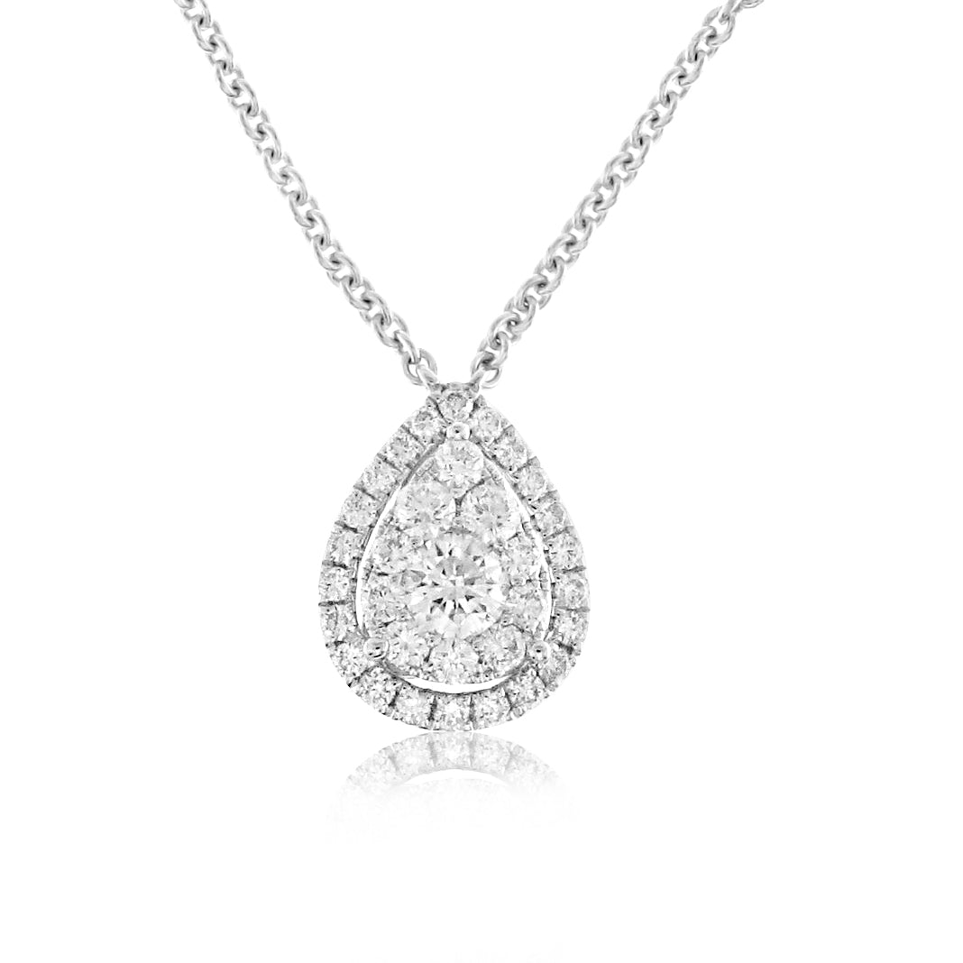 0.83ct tw Pear Shape Halo Diamond Pendant Necklace HANIKEN JEWELERS