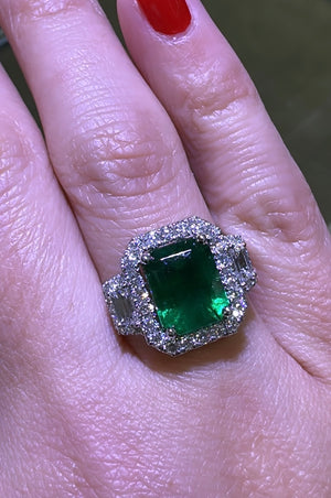 GRS Certified Ladies Statement 3.38ct Zambian Emerald - Cut Emerald & Diamond Ring
