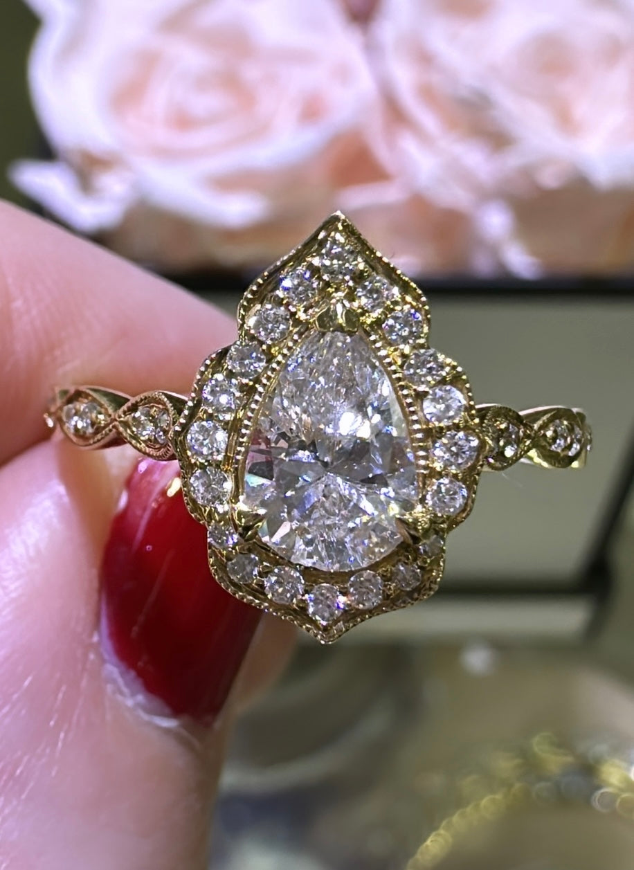 Antique inspired Pear Shape 0.79ct tw Diamond Ring