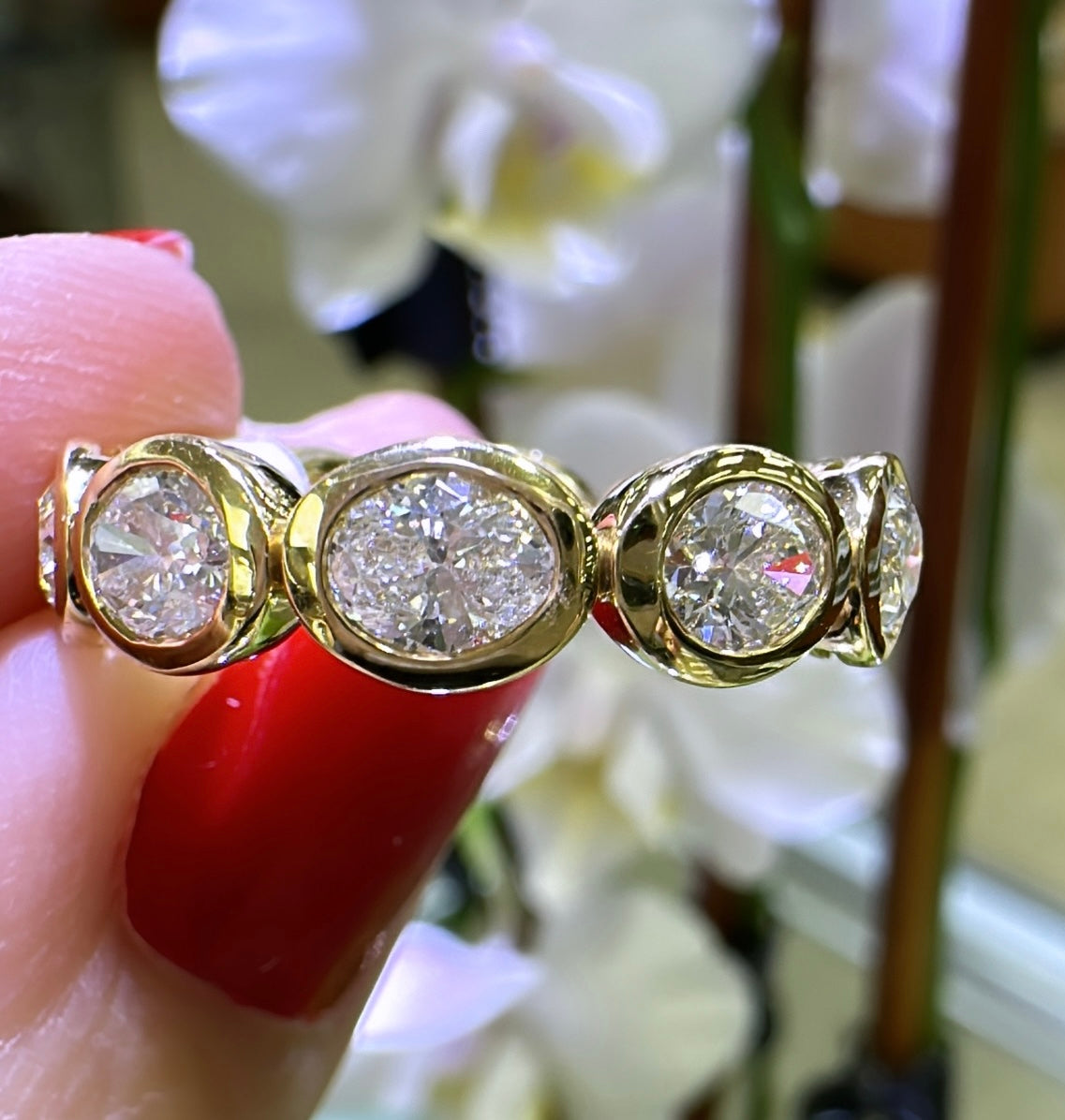 Partway Designer Oval-cut Bezel Diamond Horizontal Partway set Eternity Band R ...