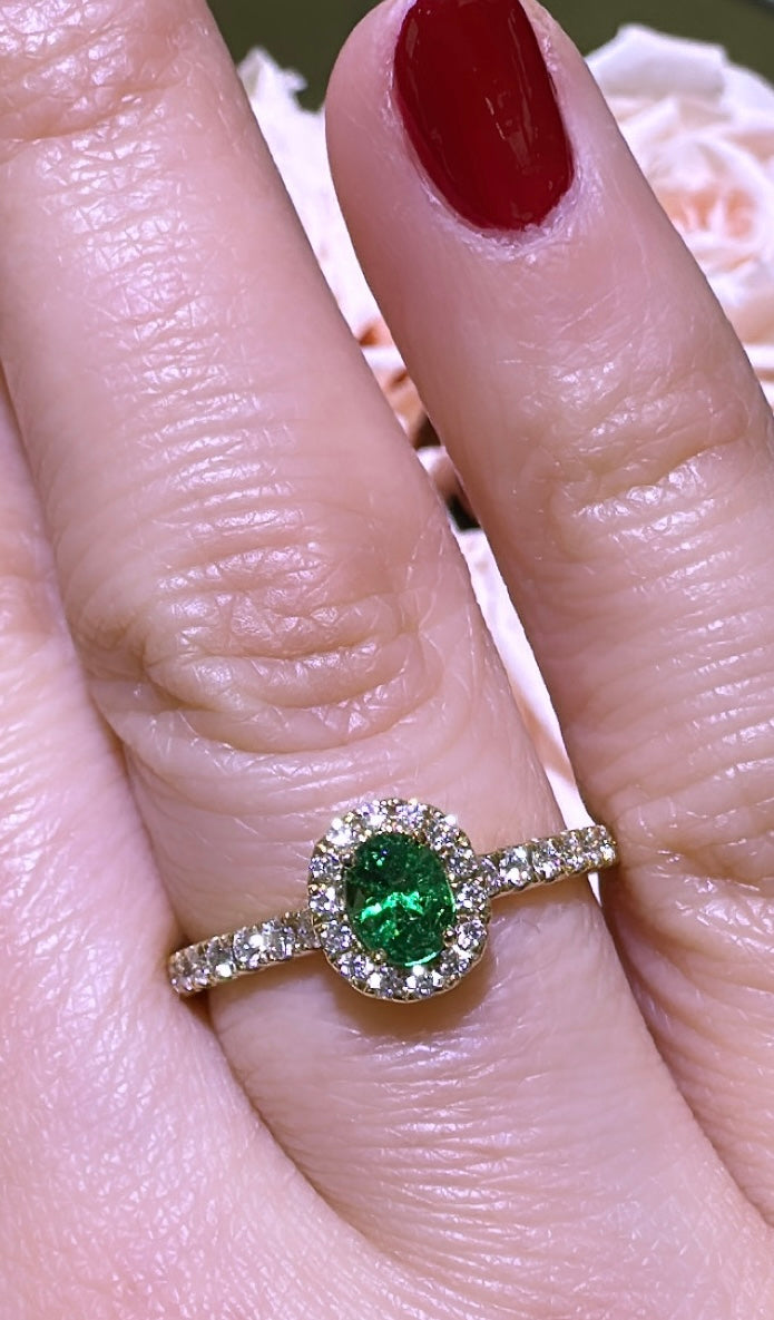 Oval Emerald Halo Ring 0.64ct tw