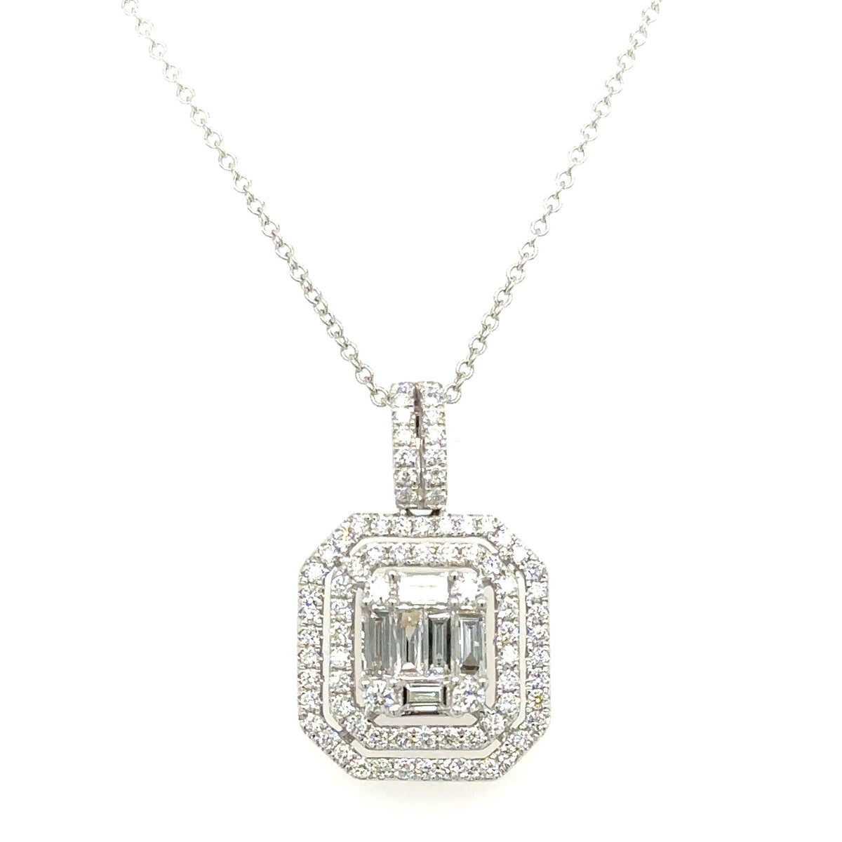 0.83ct tw Emerald Cut Double Halo Diamond Pendant Necklace HANIKEN