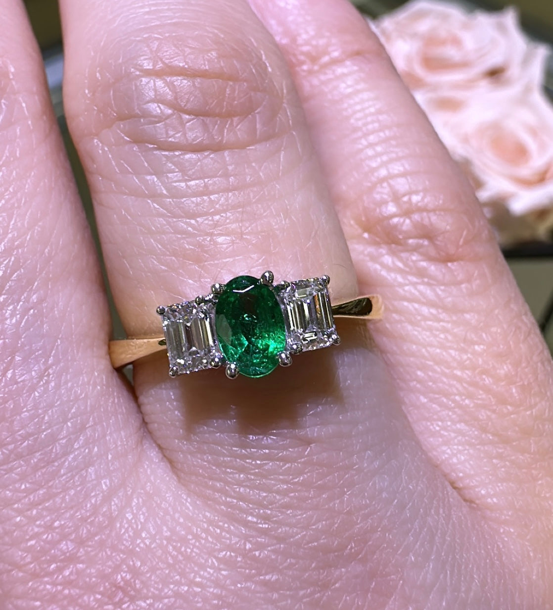 Three Stone Emerald And Diamond Ring In Yellow Gold