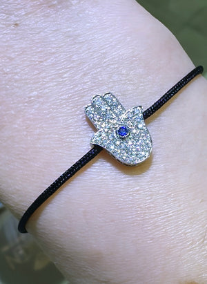 0.36ct tw Protective & Prosperity Symbol Hamsa Diamond & Blue Sapphire Cord Bracelet
