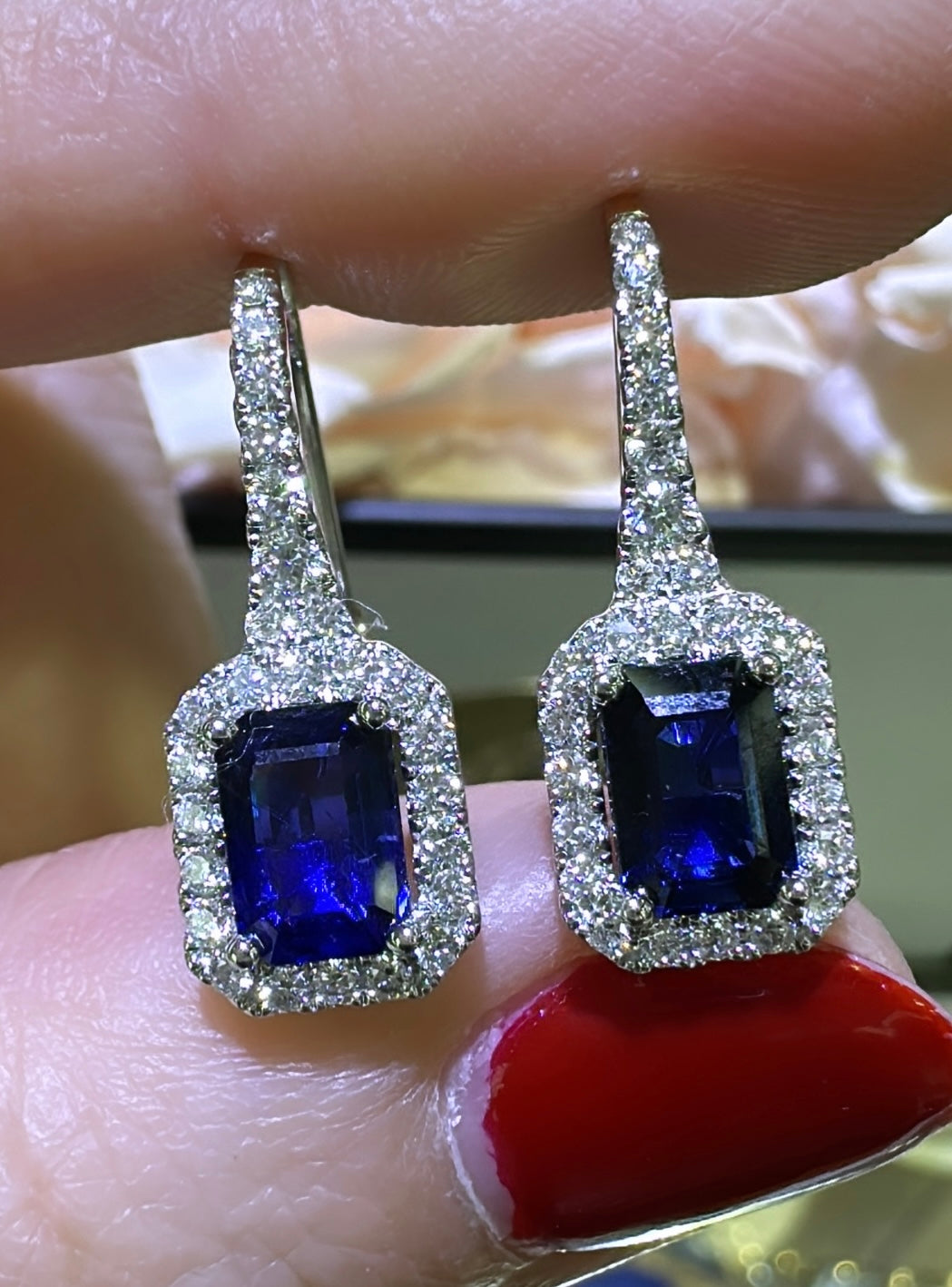 Royal Blue Baguette-cut Sapphire & Diamond Drop Earrings