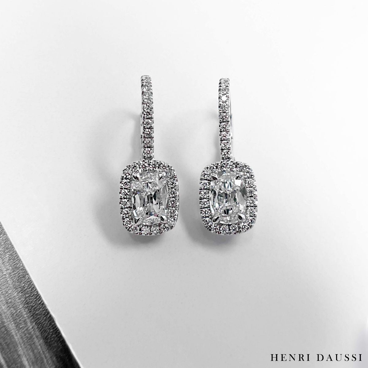 Henri Daussi Signed 1.92ct tw Cushion Cut with Halo Diamond Drop Earrings
