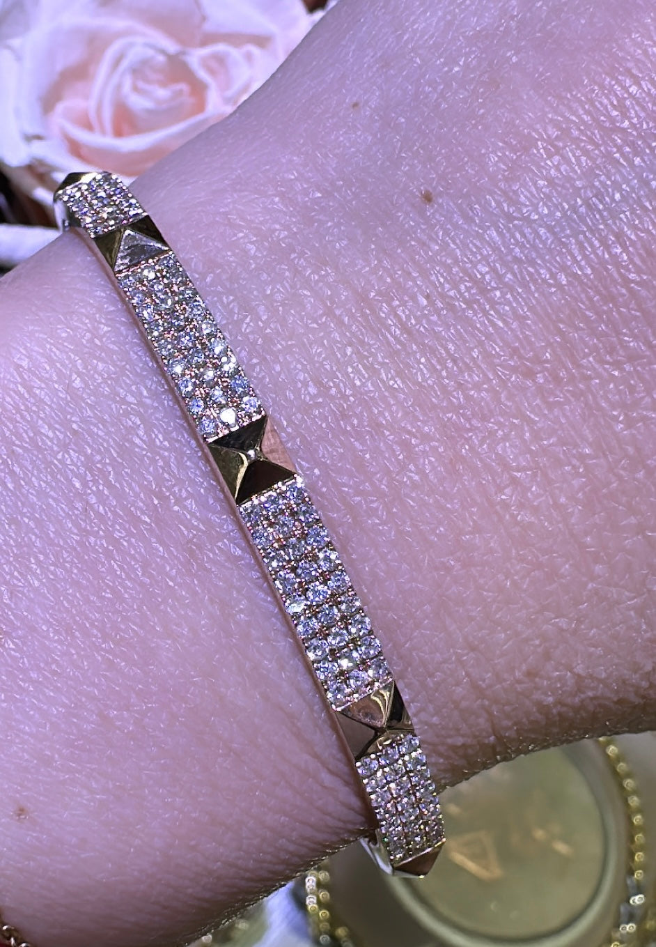 1.25ct tw Triple Row Diamond Rose Gold Bangle Bracelet with Stud Details