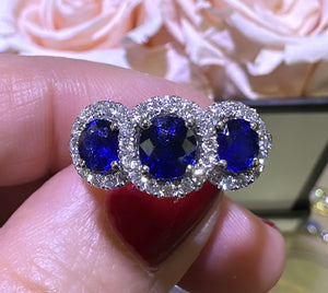 2.32carat Three Stone Royal Blue Sapphire & Diamond Ring