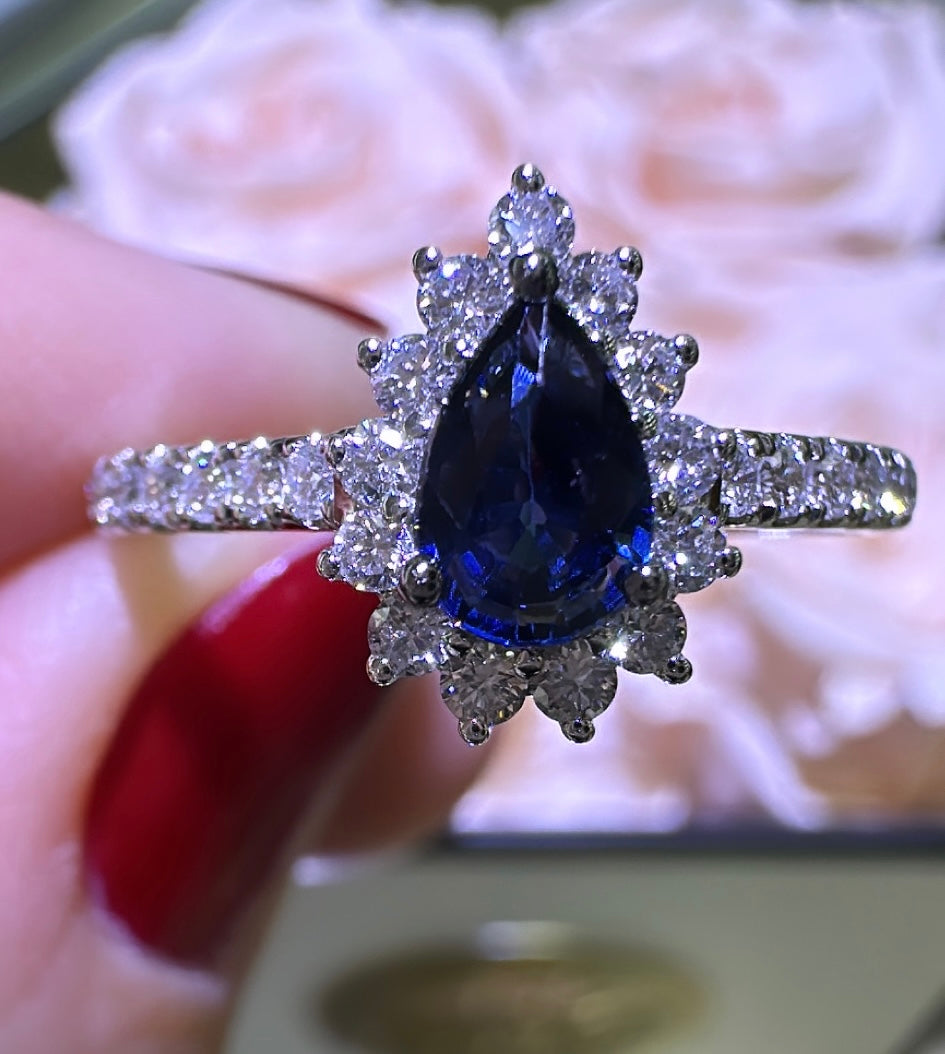 0.80carat Pear Shape Diamond & Blue Sapphire Ring