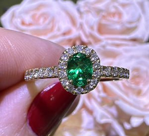 Oval Emerald Halo Ring 0.64ct tw