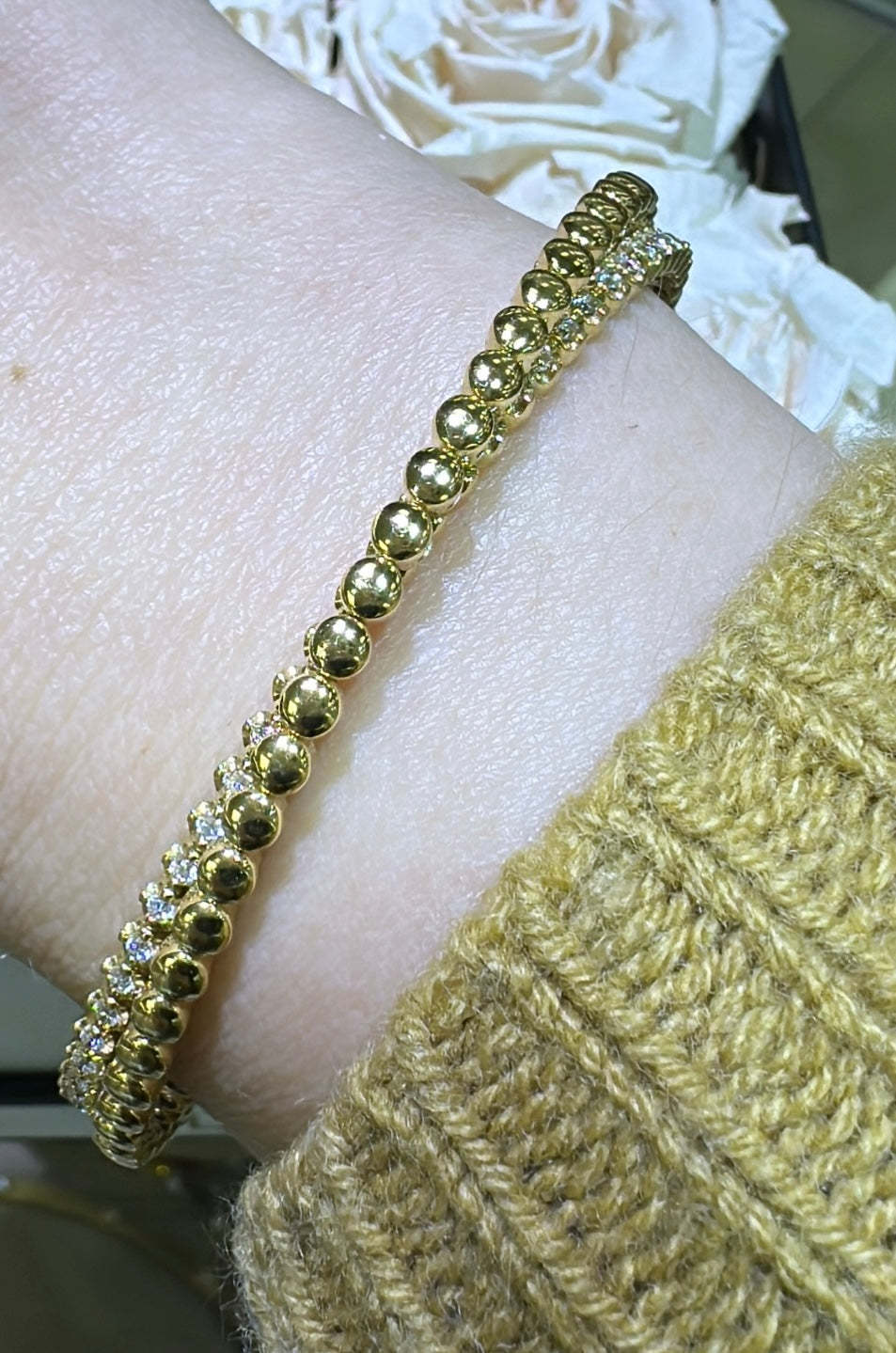 0.55ct tw Double Wrap Bracelet Diamond and Beaded Gold Bangle Bracelet
