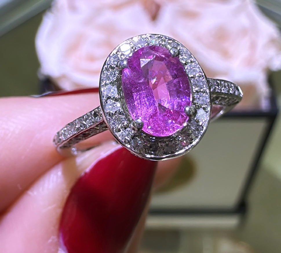 Oval Pink Sapphire Diamond Halo Ring 0.50ct tw