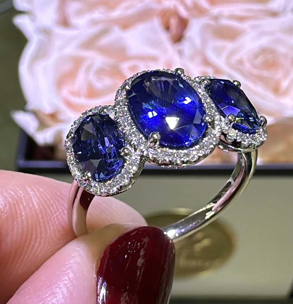 4.33carat Three Stone Royal Blue Sapphire & Diamond Ring