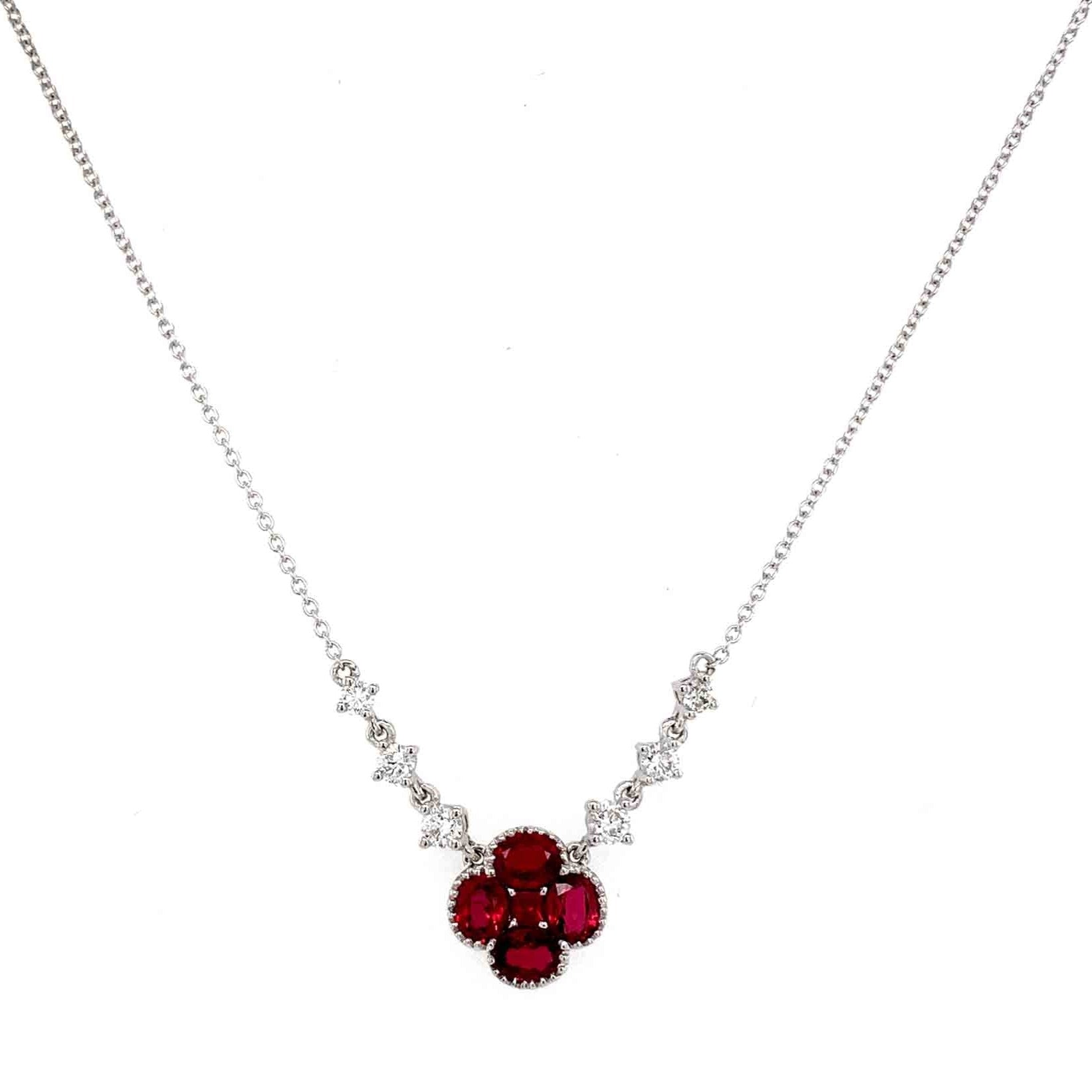 1.23ct tw Ruby and Diamond Clover Flover Shape Pendant Necklace