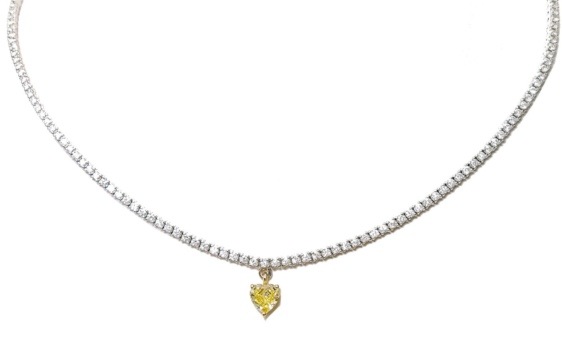 5.26carat Exquisite Diamond Tennis Line Necklace with Detacable GIA Certified Canary Fancy Intense Yellow Heart Diamond Drop