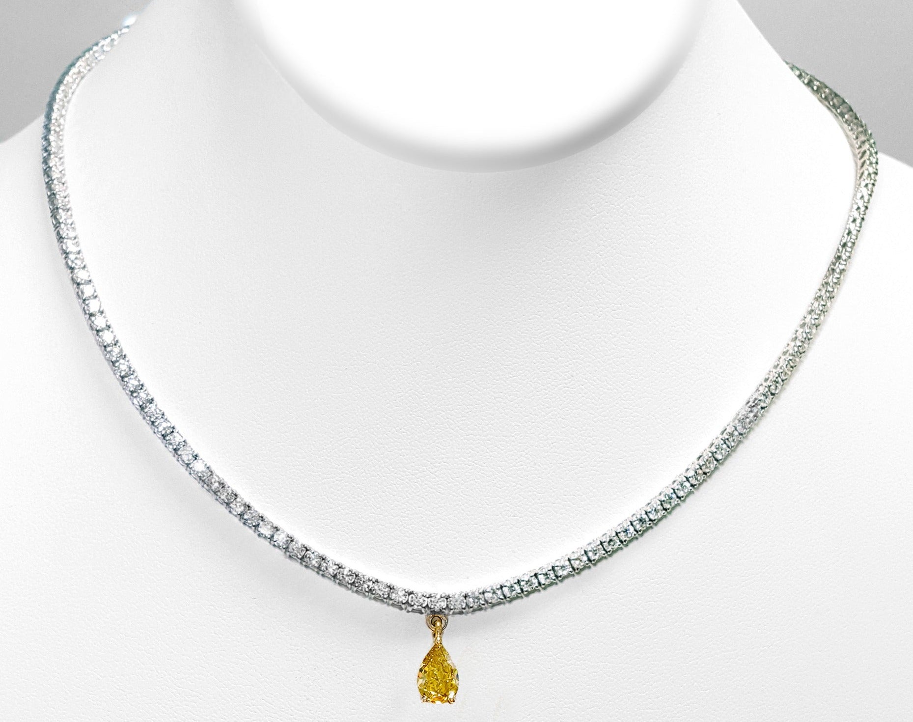 6.60carat Exquisite Diamond Tennis Line Necklace with Detacable GIA Certified Canary Fancy Deep Yellow Pear Diamond Drop