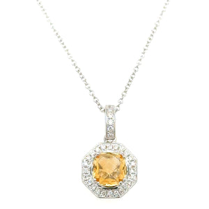Diamond Octagon Pendant Citrine Center With Round Diamonds Pendant Necklace