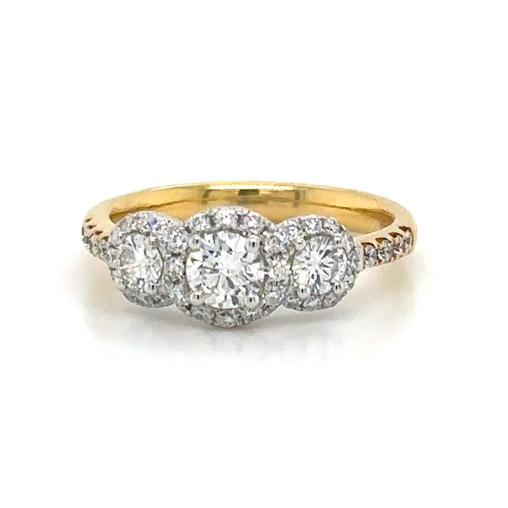 0.94carat Round Cut Halo Diamond Three Stone Ring