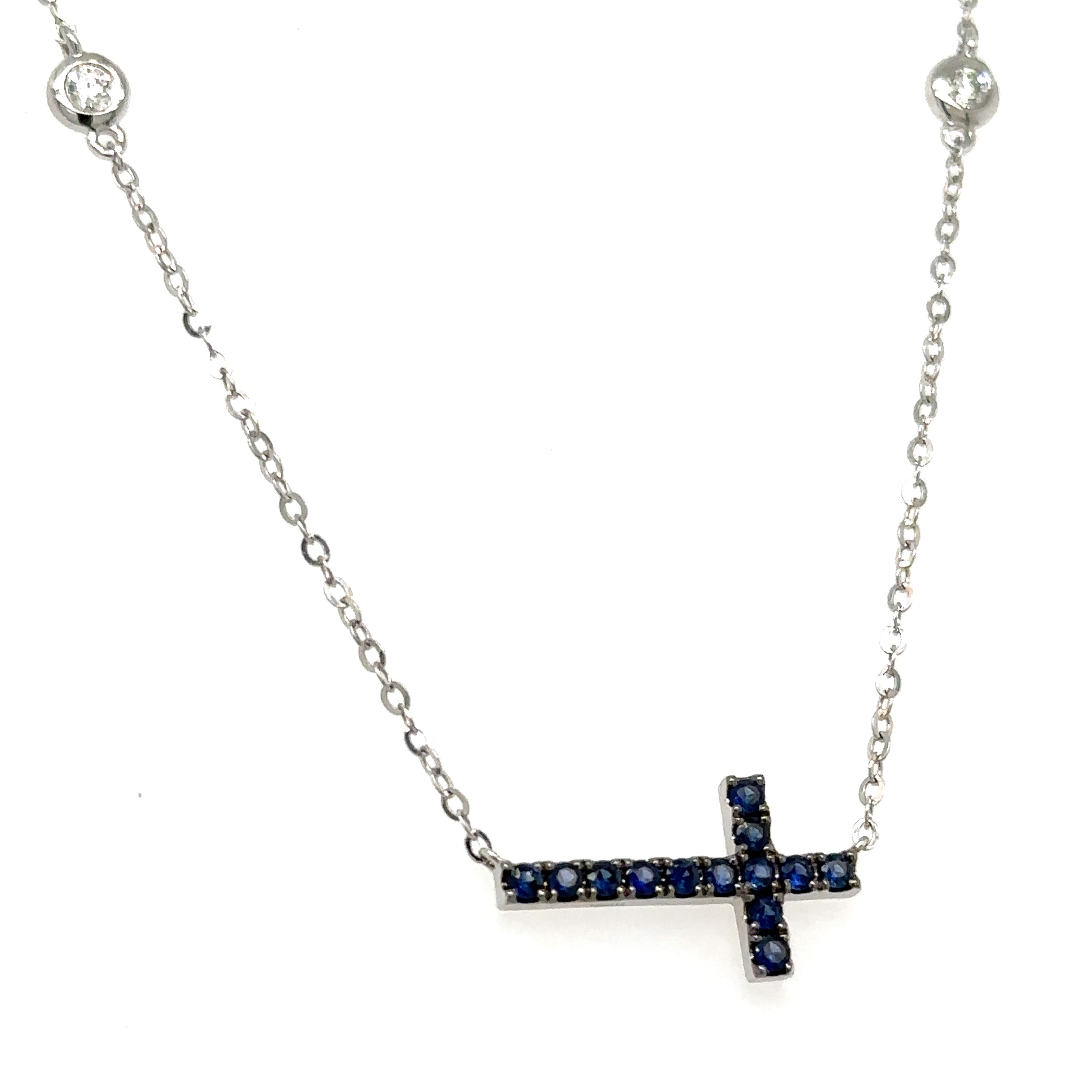 Royal Blue Sapphire and Diamond Sideways Cross Pendant Necklace