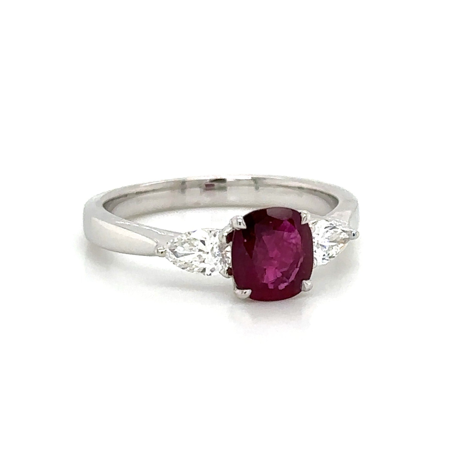 1.60ct tw Three Stone Ruby Cushion Center with Side Diamonds Ring
