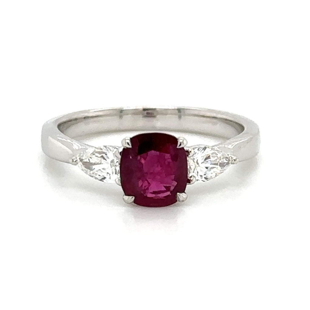 1.60ct tw Three Stone Ruby Cushion Center with Side Diamonds Ring