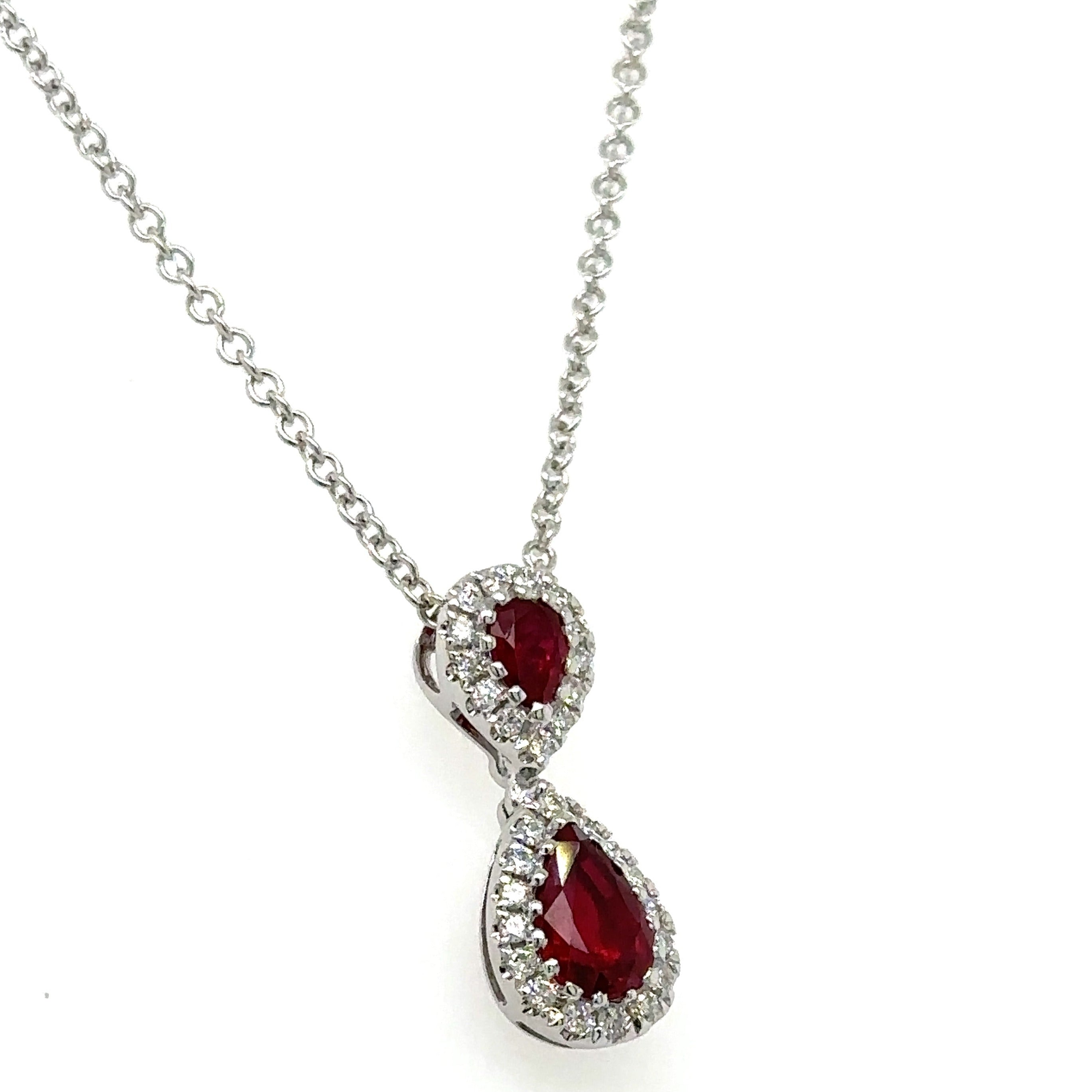 0.89CT TW Double Ruby and Diamond Pear Shape Pendant Necklace