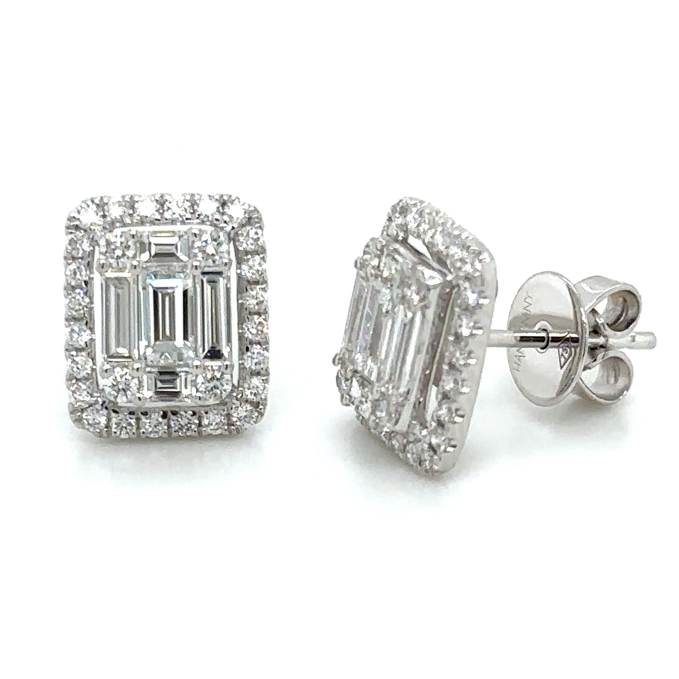 1.42ct tw Ladies Diamond Stud Earrings with Rounds & Baguette-cut Diamonds