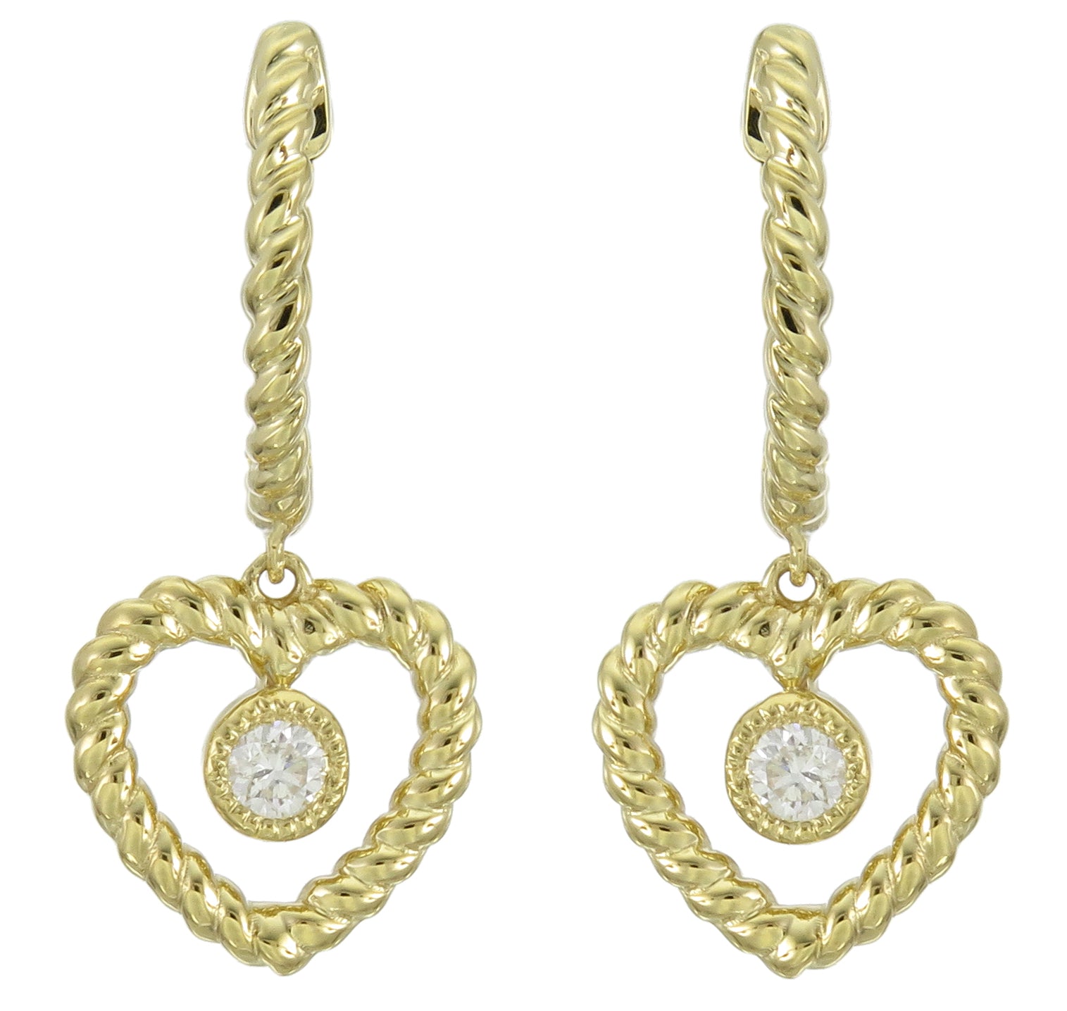 0.08ct tw Heart Shaped Open Heart Twisted Rope Design Diamond Dangling Earrings