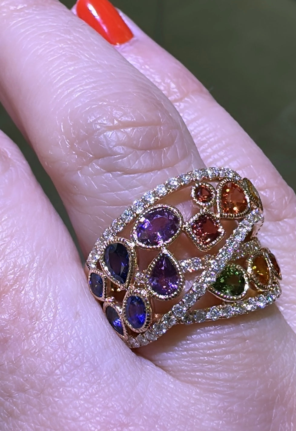 Multiple-shape Rainbow Sapphire Rose Gold Ring