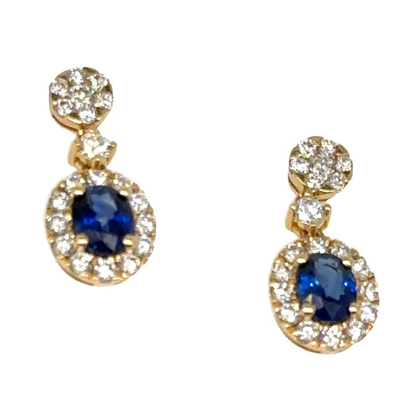 1.05ct tw Ladies Diamond and Blue Oval Sapphire Drop Earrings