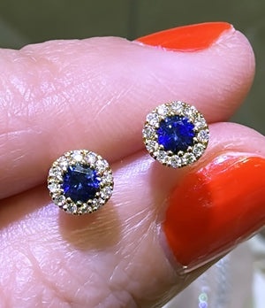 Royal Blue Sapphire & Diamond Stud Earrings