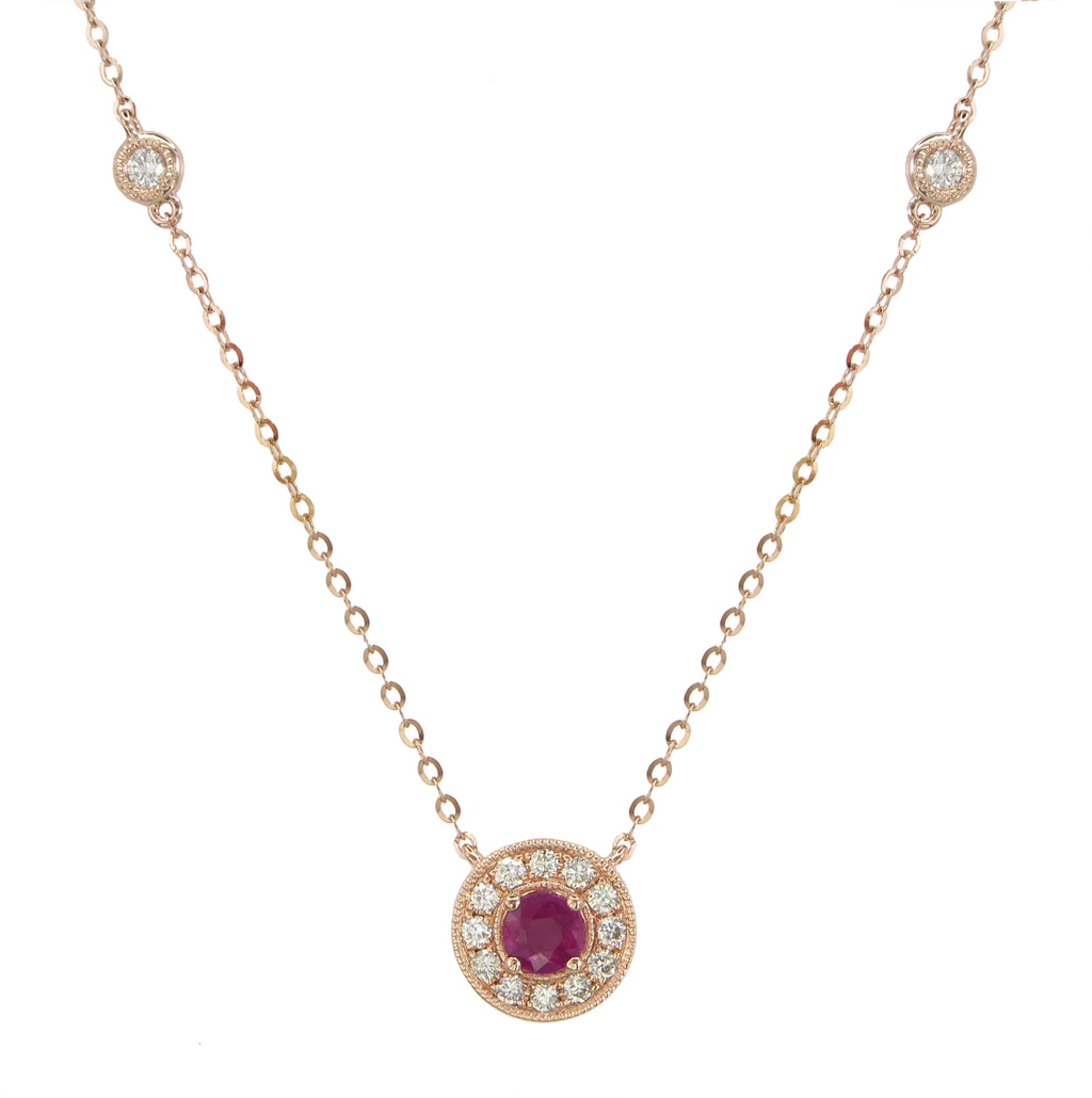 Ladies Diamond & Ruby Pendant Milgrain Detailed Necklace