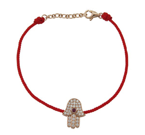 0.76ct tw Protective & Prosperity Symbol Hamsa Diamond & Red Ruby Cord Bracelet