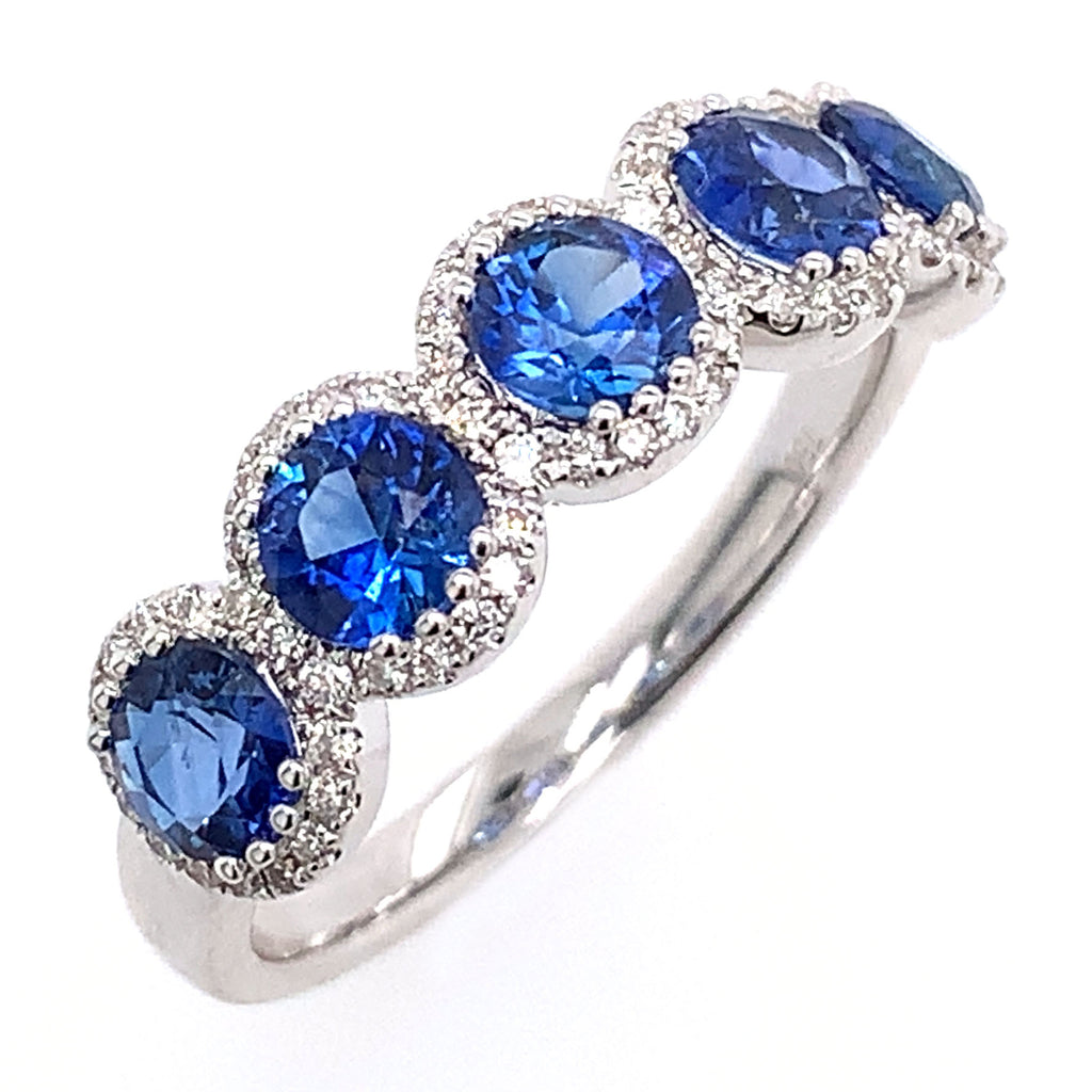Ladies 1.69ct tw Five Stone Diamond and Blue Sapphire Ring