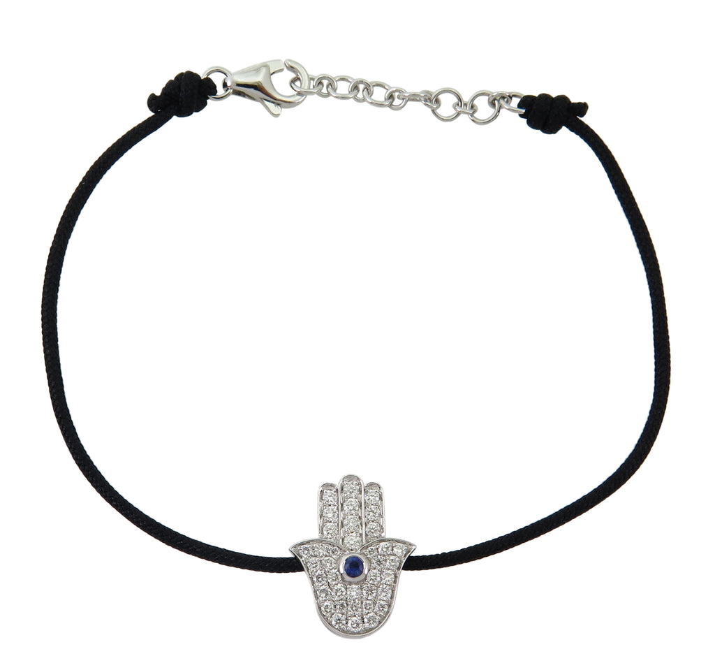 0.36ct tw Protective & Prosperity Symbol Hamsa Diamond & Blue Sapphire Cord Bracelet