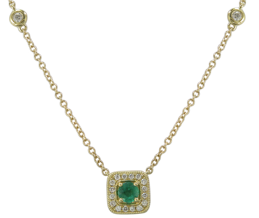 Ladies Diamond and Green Emerald Pendant Milgrain Detailed Pendant Necklace