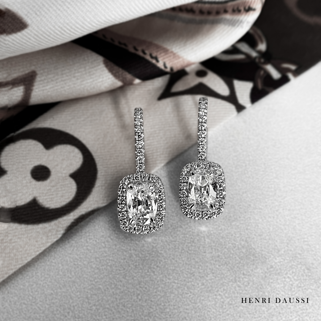 Henri Daussi Signed 1.35ct tw Cushion Cut with Halo Diamond Drop Earrings