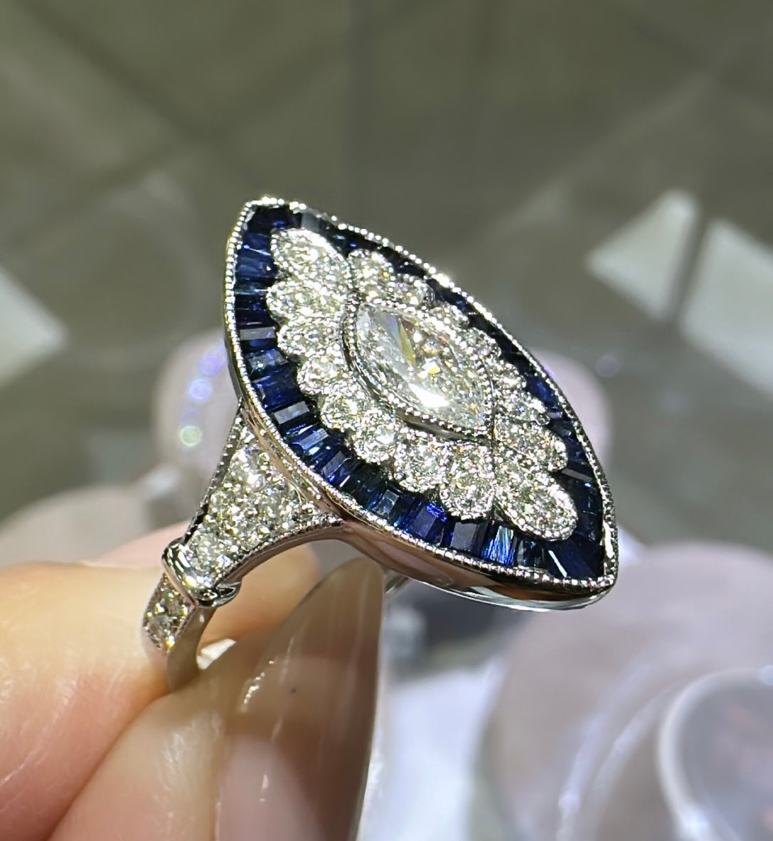 1.90CT TW Marquise Shape Sapphire and Diamond Art-Deco Style Ring
