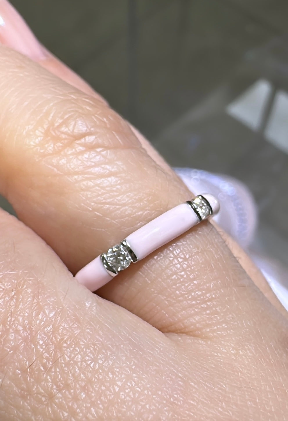 Three Round-cut Diamond Pink Enamel Stackable Ring