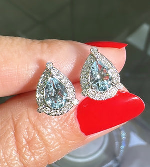 Diamond 1.43ct tw Fancy Pear Shape Aquamarine Center Stud Earrings with Halo