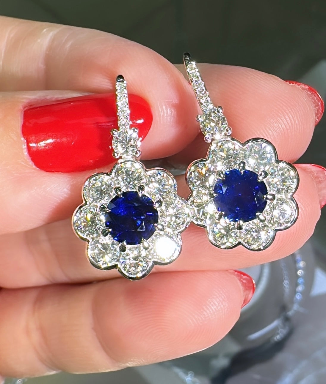 Royal Blue Sapphire & Diamond Flower Style Statement Earrings