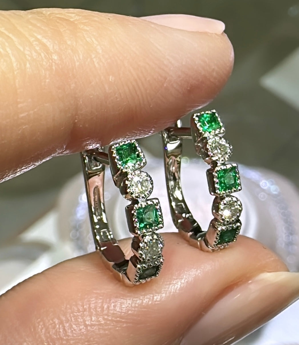 Ladies 3 Stone Princess-cut Emerald & Diamond Huguie Earrings 0.40ct tw