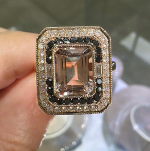 Emerald Cut Morganite & Black and White Diamond Ring