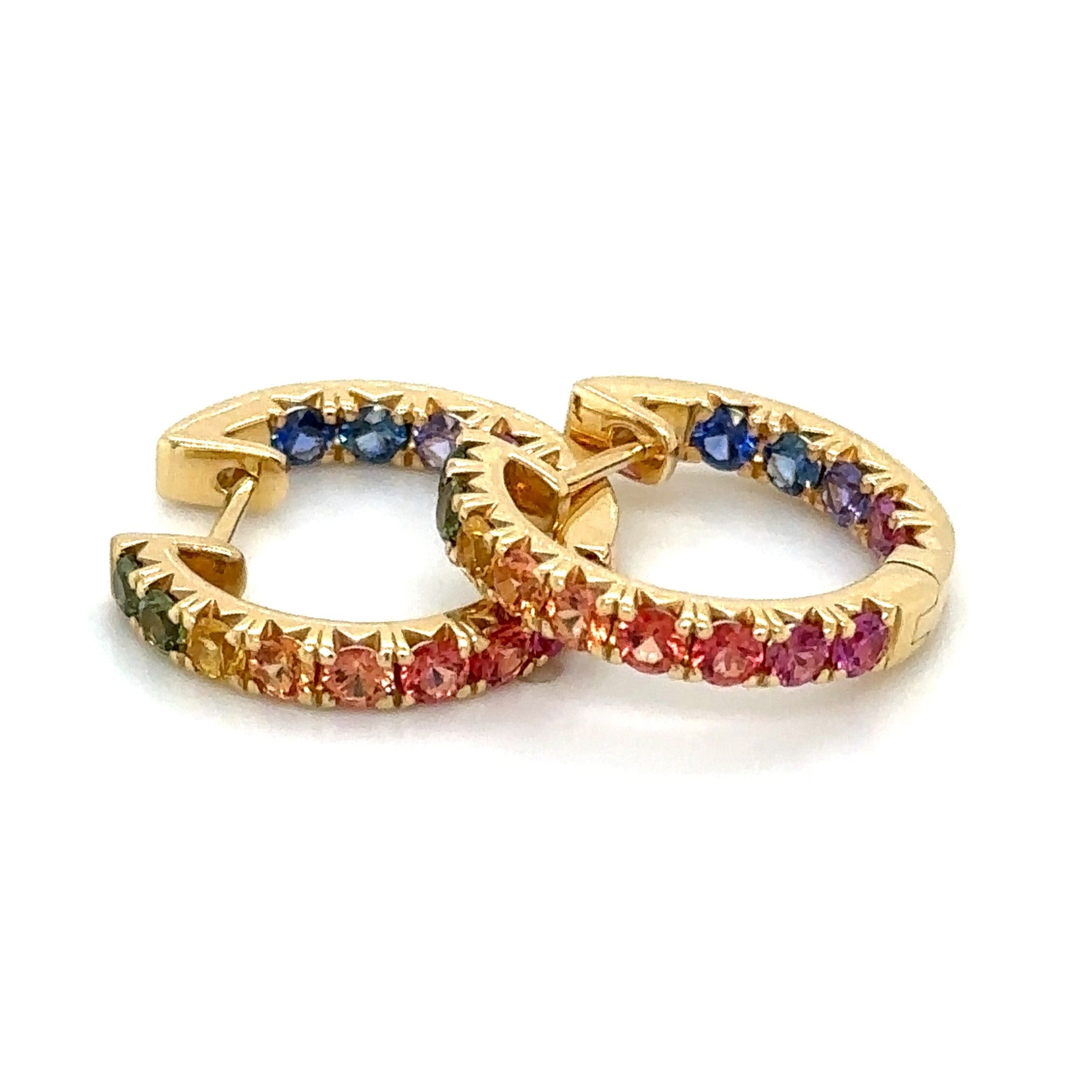 1.86CT TW Rainbow Sapphire Gold Huggie Hoop Earrings