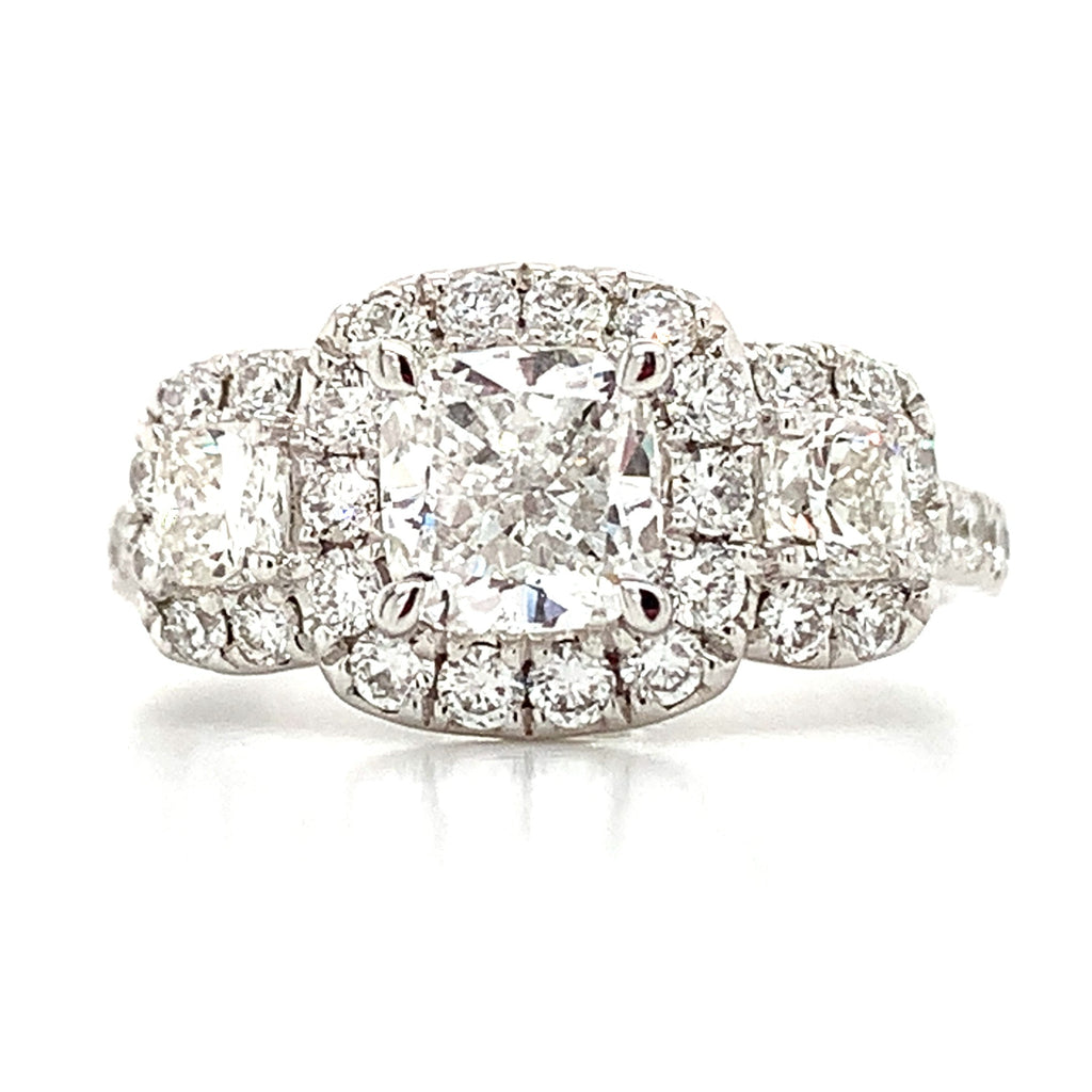 GIA Certified 2.04ct tw Three Stone Cushion Cut Diamond Engagement Anniversary Ring