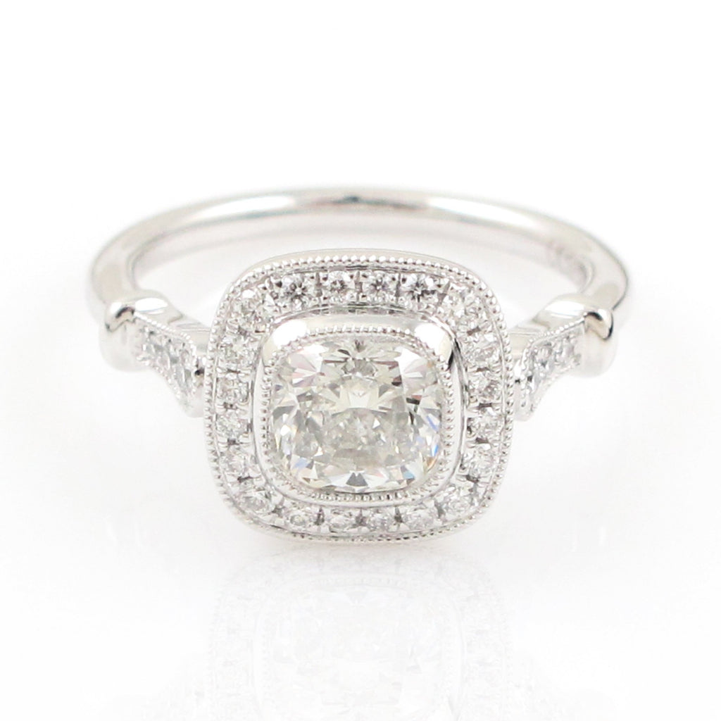 1.34CT T.W. Cushion Diamond Halo Engagement Art-Deco Anniversary Ring