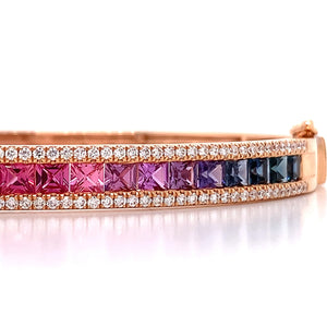 Fancy Color Princess-cut Rainbow Sapphire with Diamonds Bangle Bracelet