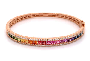 Fancy Color Princess-cut Rainbow Sapphire with Diamonds Bangle Bracelet