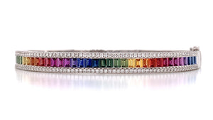 Fancy Color Rainbow Sapphire & Diamond White Gold Bangle Bracelet
