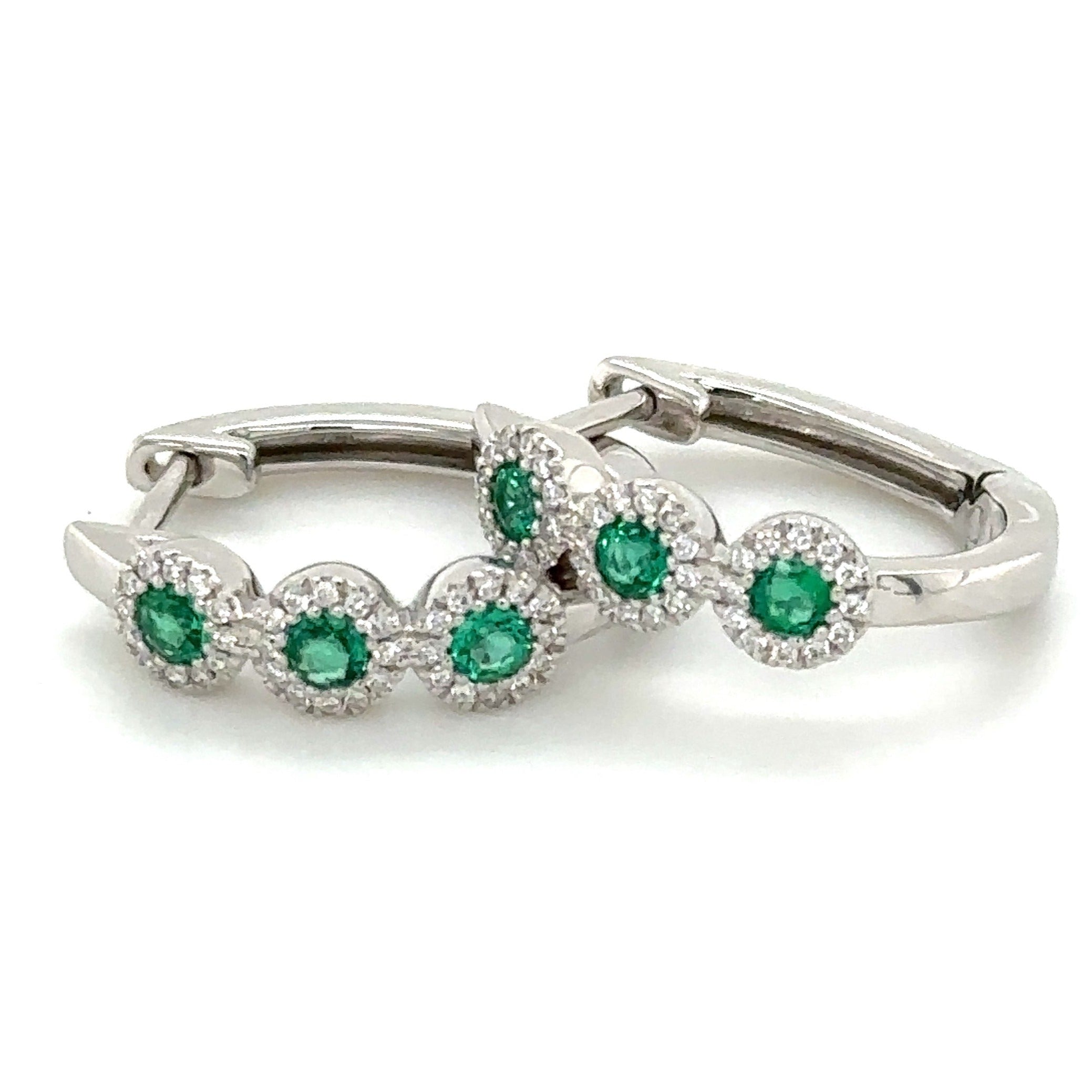 Ladies 3 Stone Emerald & Diamond Huggie Earrings 0.43ct tw